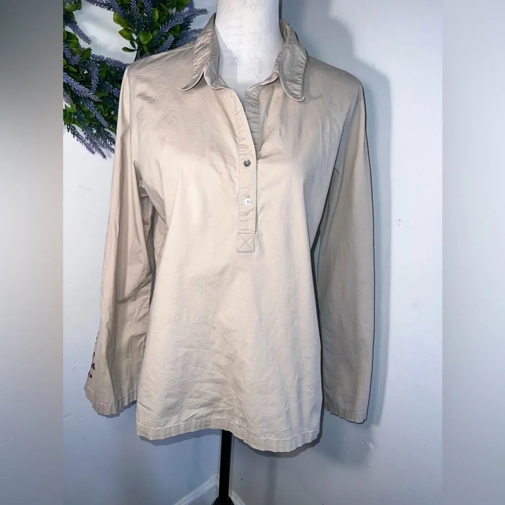 Vintage, 220 Hickory, Lg, khaki, embroidered long sleeve, stretch henley tunic